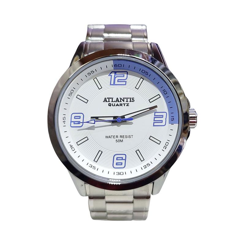 Relógio Atlantis Branco Azul Analógico Resistente Água 5atm